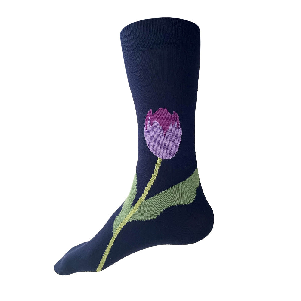 Made in USA navy and purple tulip men's floral cotton socks by THIS NIGHT