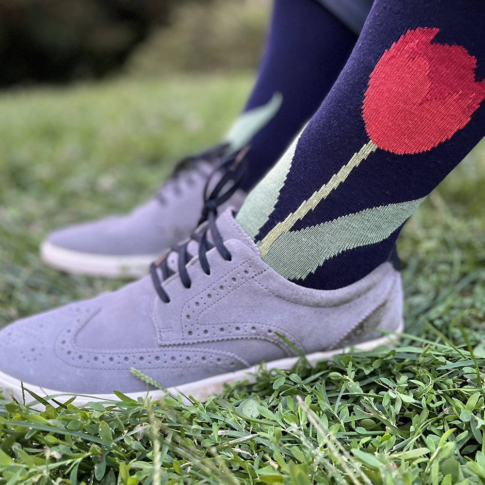 Made in USA men's navy cotton floral socks with red tulips by THIS NIGHT