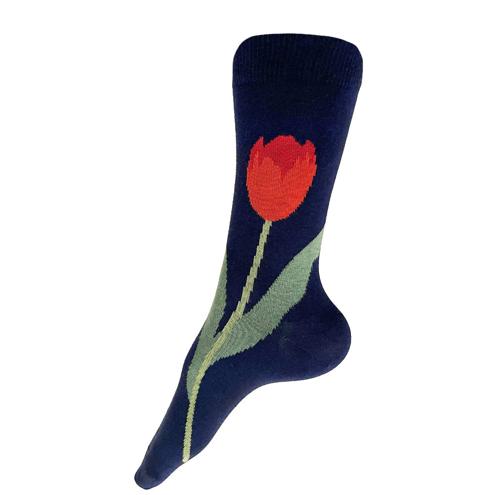 Made in USA women's navy floral socks featuring an elegant red tulip by THIS NIGHT