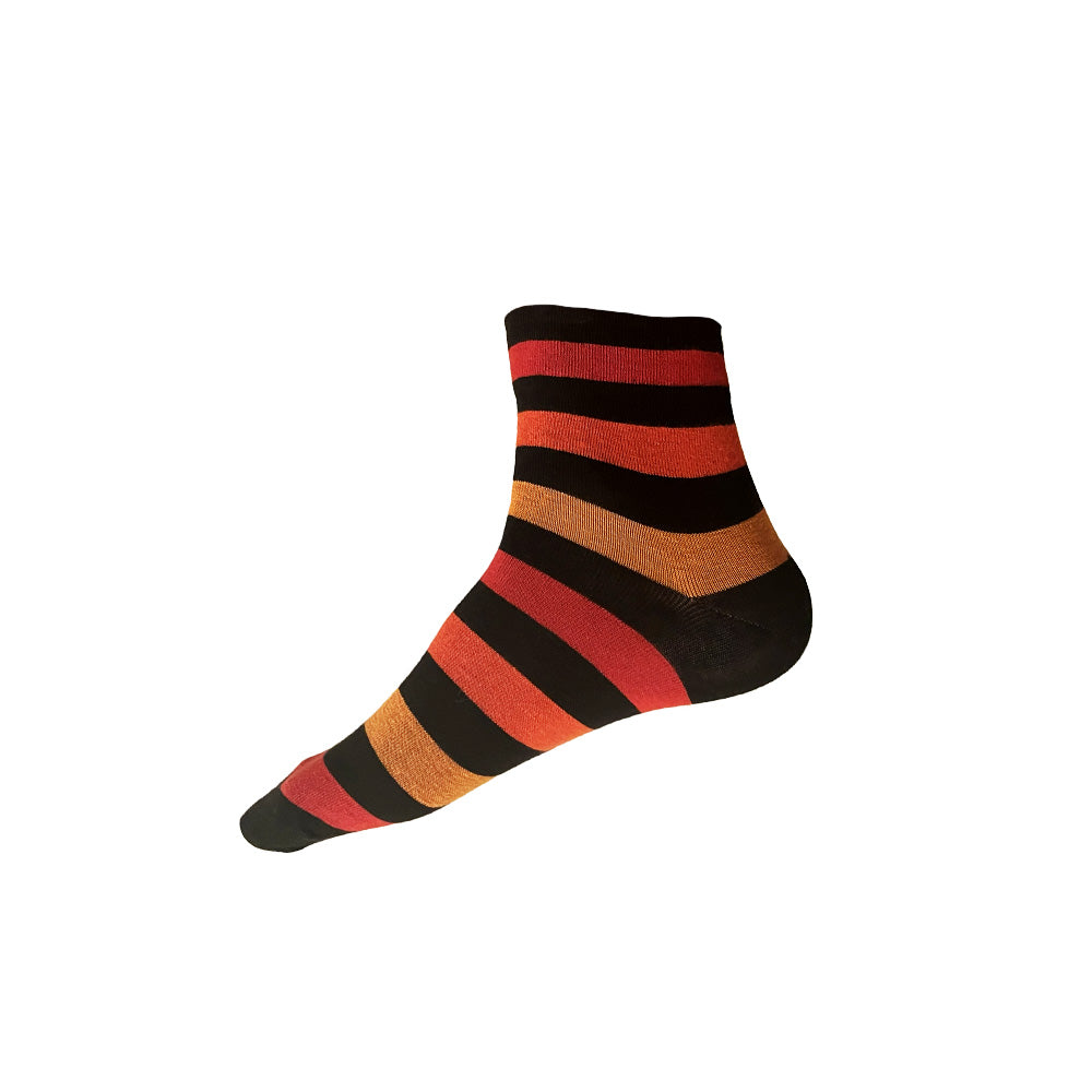 Made in USA men's striped short (ankle) cuffless ankle socks in black, orange, red, and yellow by THIS NIGHT