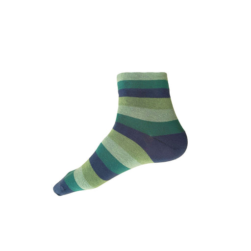 Made in USA men's short cotton cuffless ankle socks with blue and green stripes by THIS NIGHT