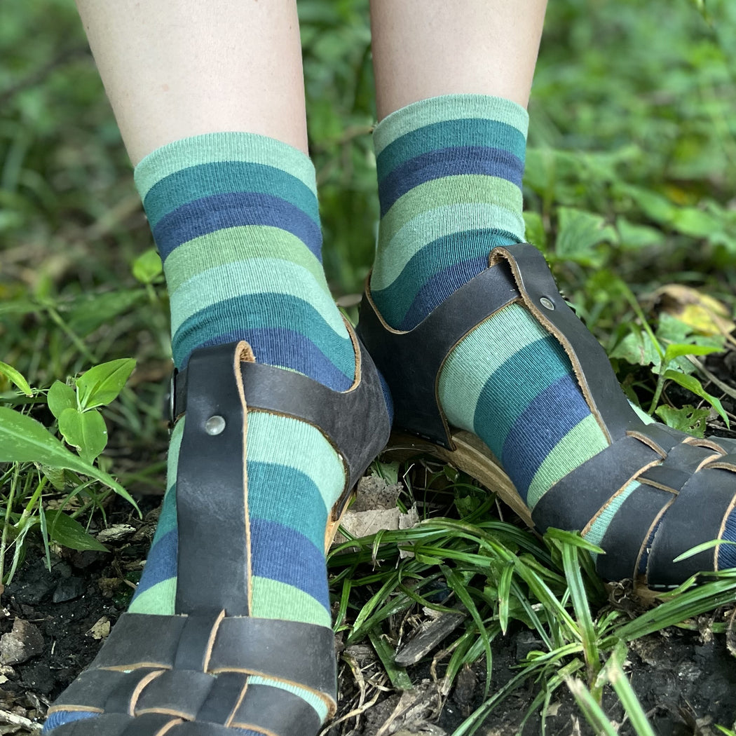 Made in USA women's cotton short ankle socks in blue and green ocean-colored stripes by THIS NIGHT