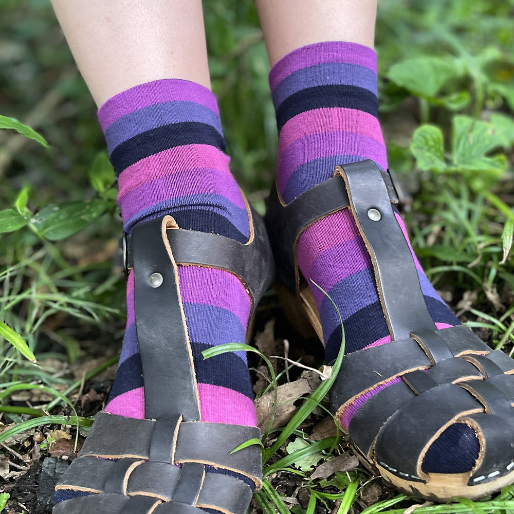 Made in USA women's cotton short ankle striped socks in blues, purples, and pinks by THIS NIGHT